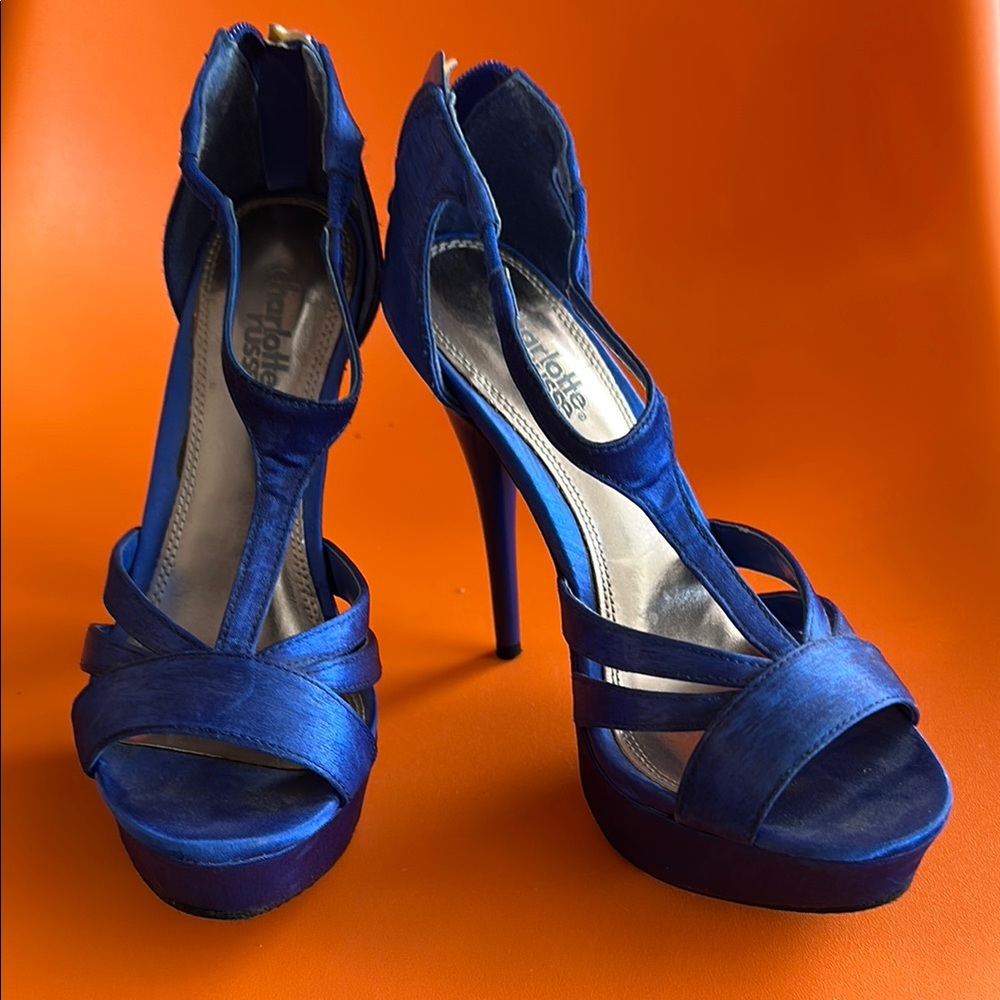 Blue Satin Strappy High Heel Sandal. Never worn.